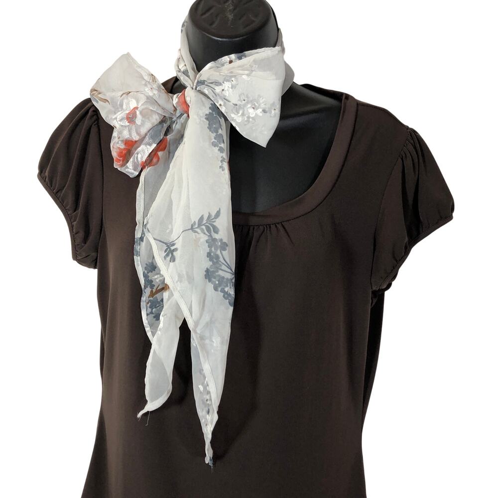 Long Floral Sheer White Scarf, Flower Print Gray Red Long Retro Vintage